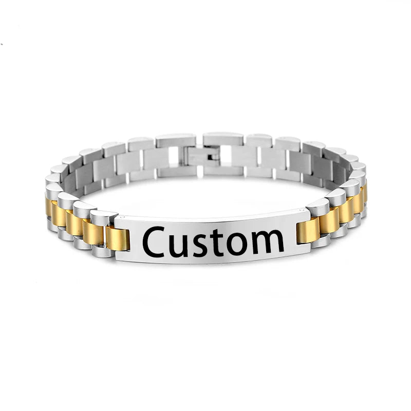 Wholesale Stainless Steel Custom Engraving Name Logo  Watch Band Chain Wristband ID Bracelets for Men