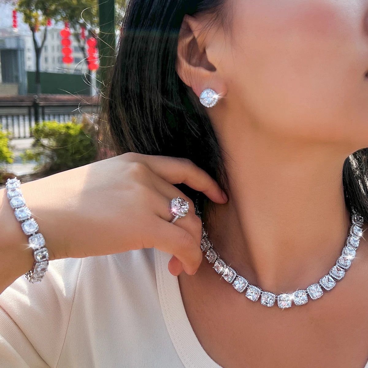 Sparkling 4PCS Rhodium Plated CZ Jewelry Set White Square Zircon Bracelet Ring Earrings Necklace Jewelry Set for Women Banquet