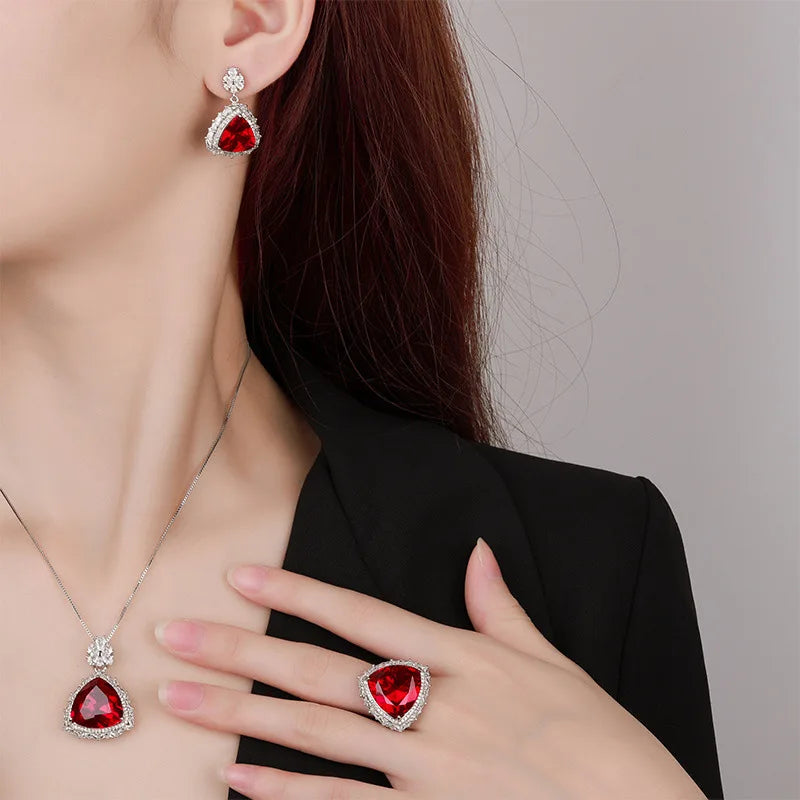 Gemfiori European and American Retro Palace Style Pomegranate Red Zircon Triangular Pendant Ring Earring Fashionable Accessory Set