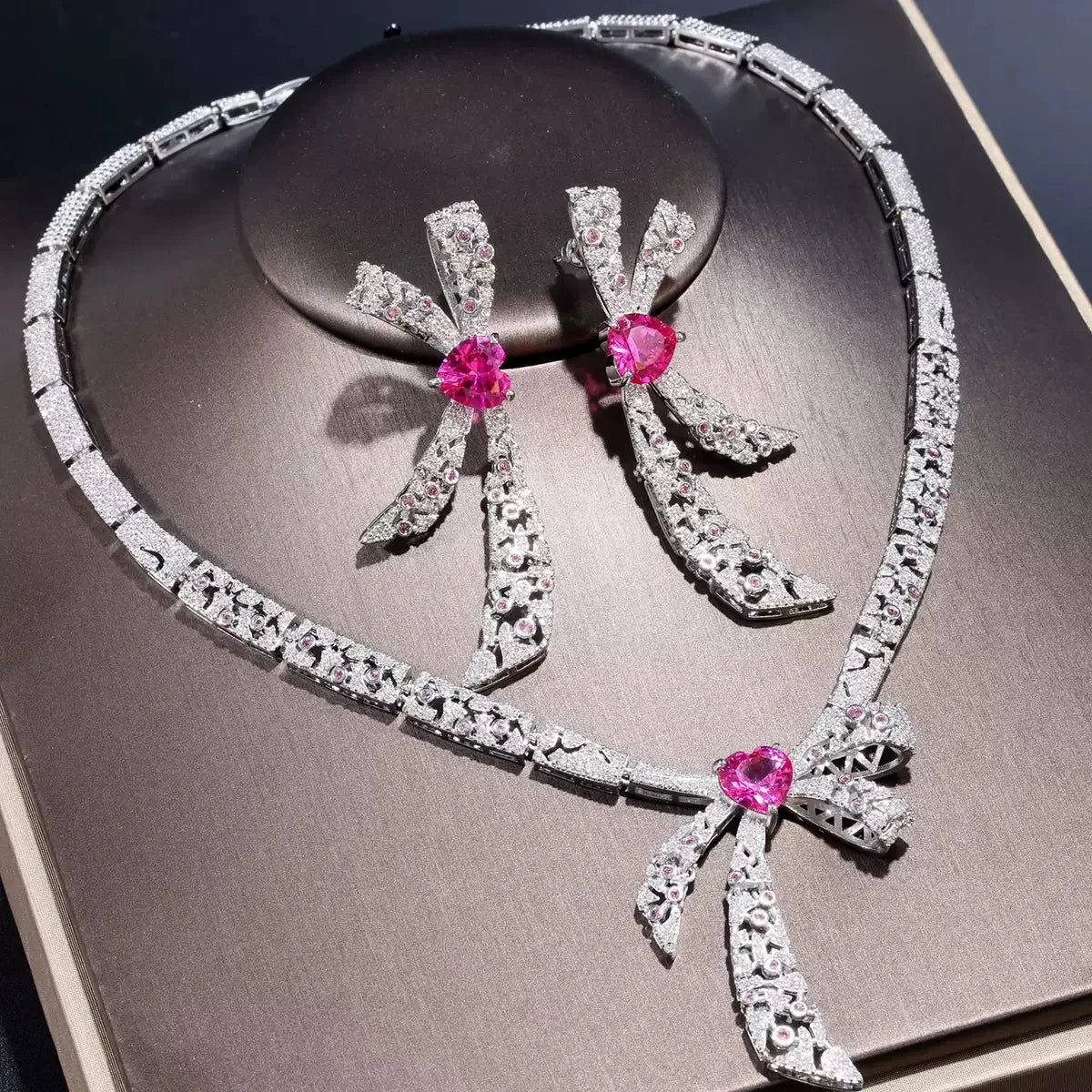 Bella Viva Luxury Pink Heart Bow Necklace & Earring Set, Platinum Plated Brass & Cubic Zirconia, for Bridal & Gift & Party