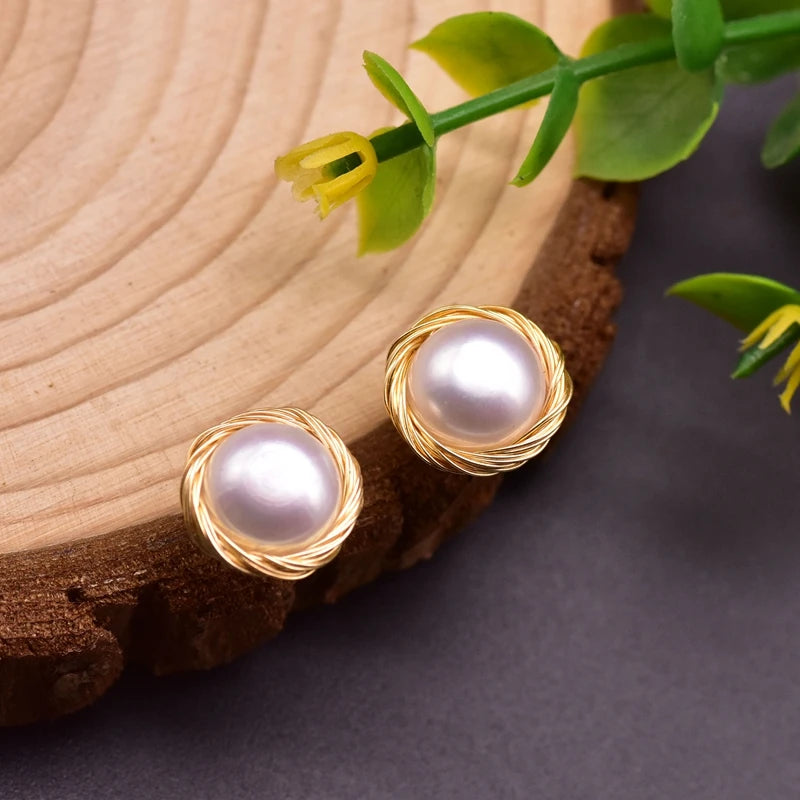 Natural Freshwater Pearls Metal Stud Earrings  Geometric Irregular  for Women Girl Gift Pearl Earrings Fashion Jewelry