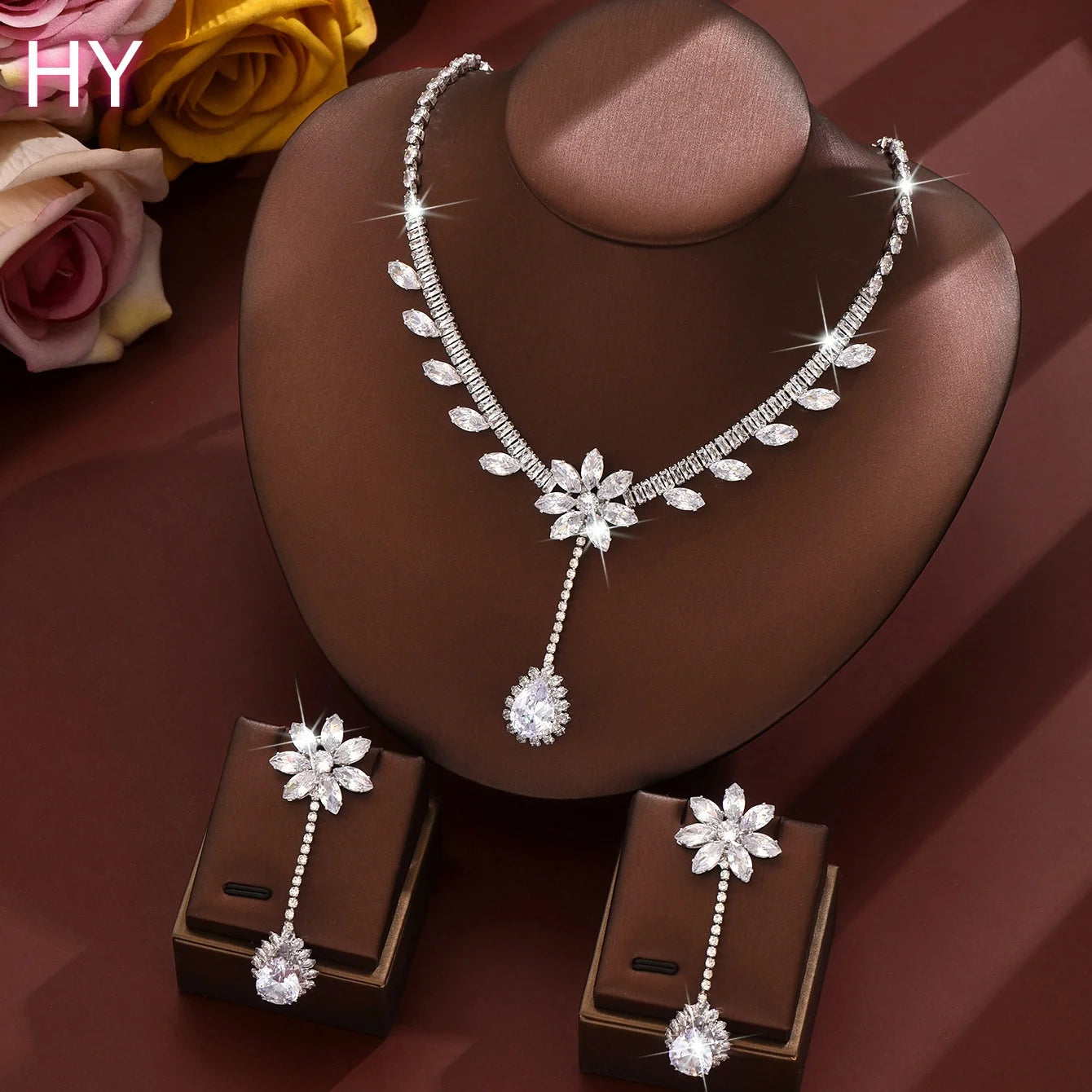 HY  Diamond Wedding Jewelry Set Shinny Zircon Flower Earring Necklace Green Pink Stone Necklace for Women