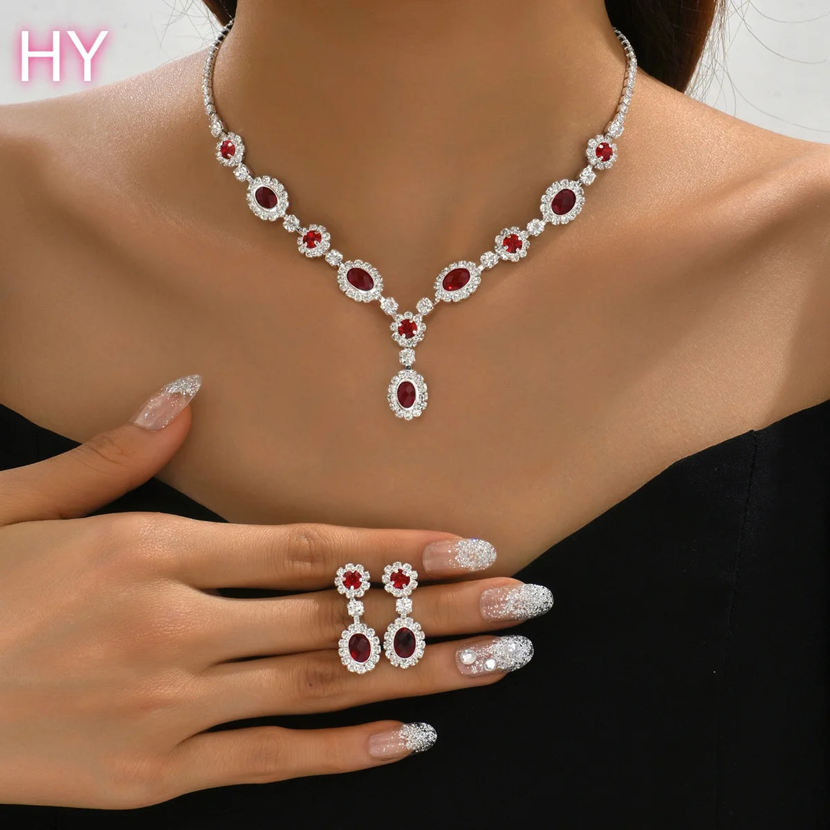HY Red Ruby Color Zircon Necklace and Earrings Set Classic Party Style for Wedding Engagement Anniversary-Copper Jewelry