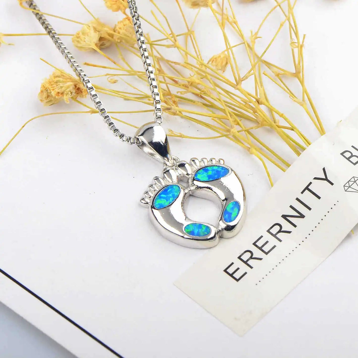New Arrival Blue Opal Footprint Necklace - Dainty Beach-Inspired Pendant for Women Sweater Chain