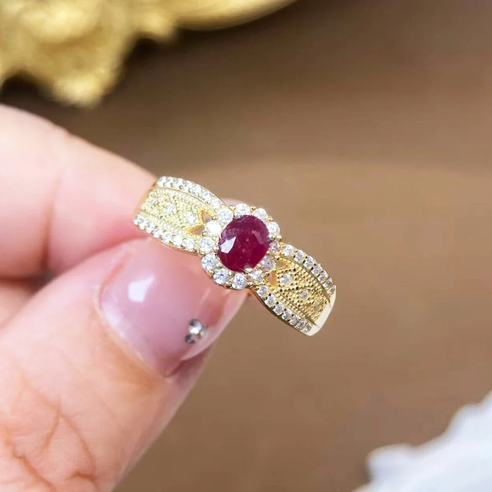 Gioiellieri Charming Traditionally Heated Earth Mined Gemstone Oval Cut 925 Stamped Sterling Silver Wave Natural Ruby Ring for Engagement