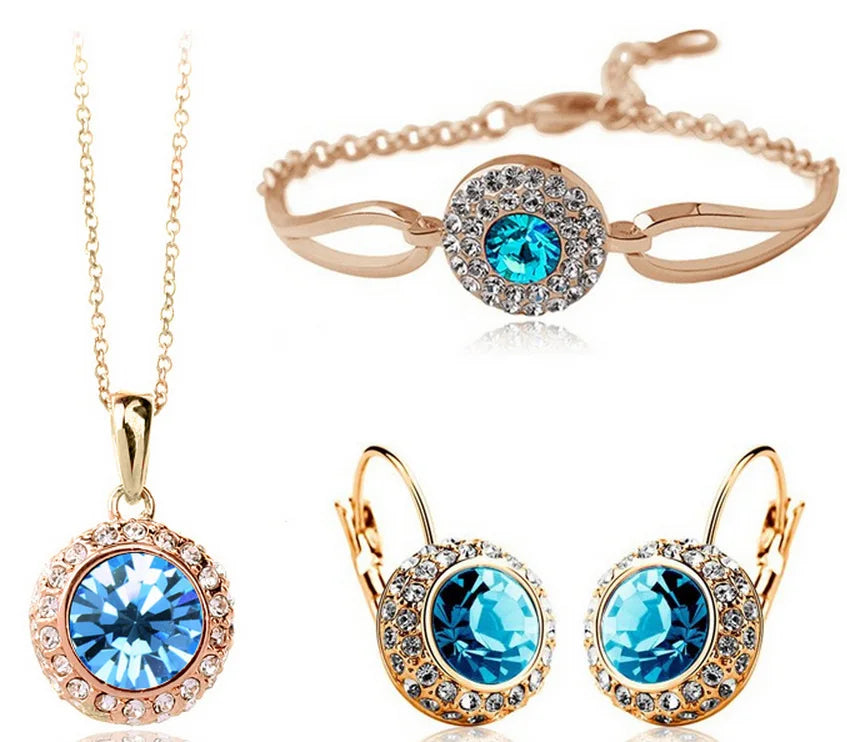 2026 Trendy Gem Stones Earrings/Bracelet/Necklace Big Statement Blue Enamel Vintage Style Gold Plated Jewelry Set for Women