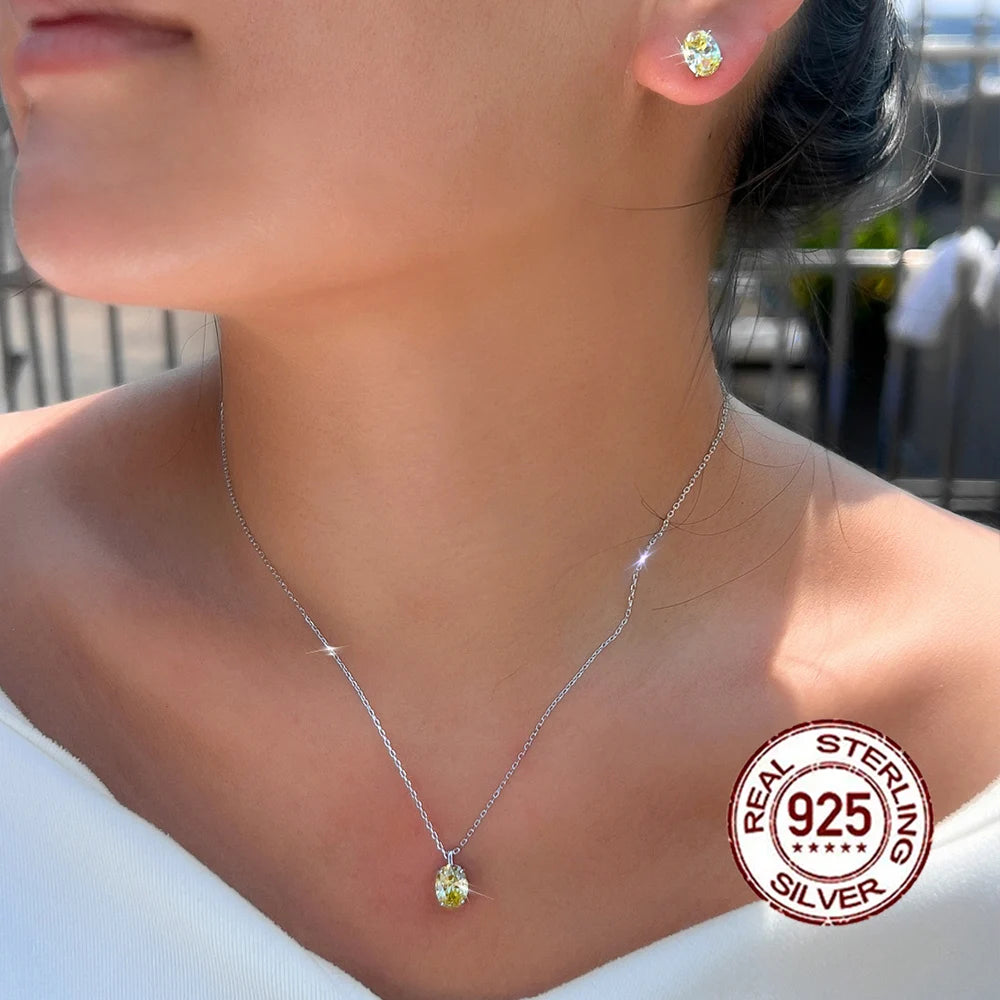 High Quality S925 Sterling Silver Pendant Earrings Green Oval Cubic Zirconia Jewelry Set for Women Daily Anniversary Wear