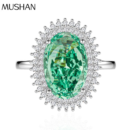 MuShan Jewelry Factory 6.5 Carat Parsipa Green Ice Flower Cutting Ring 925 Sterling Silver Oval 8 * 12mm High Carbon Diamond