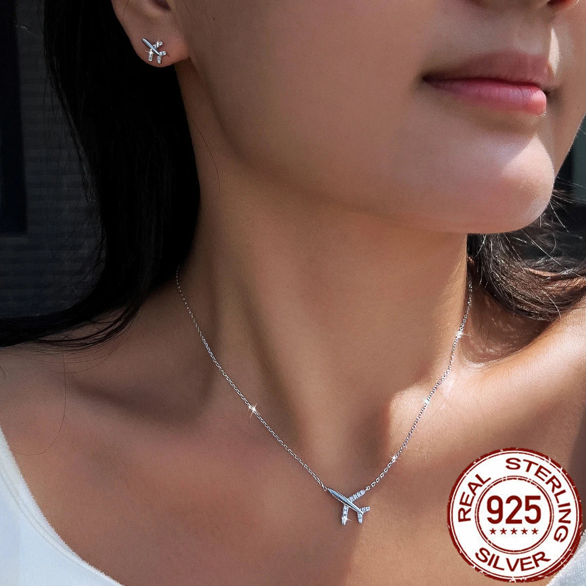 S925 Sterling Silver Jewelry Set Airplane Cubic Zirconia Pendant Necklace Stud Earrings CZ Jewelry Set for Women Girl Daily Wear