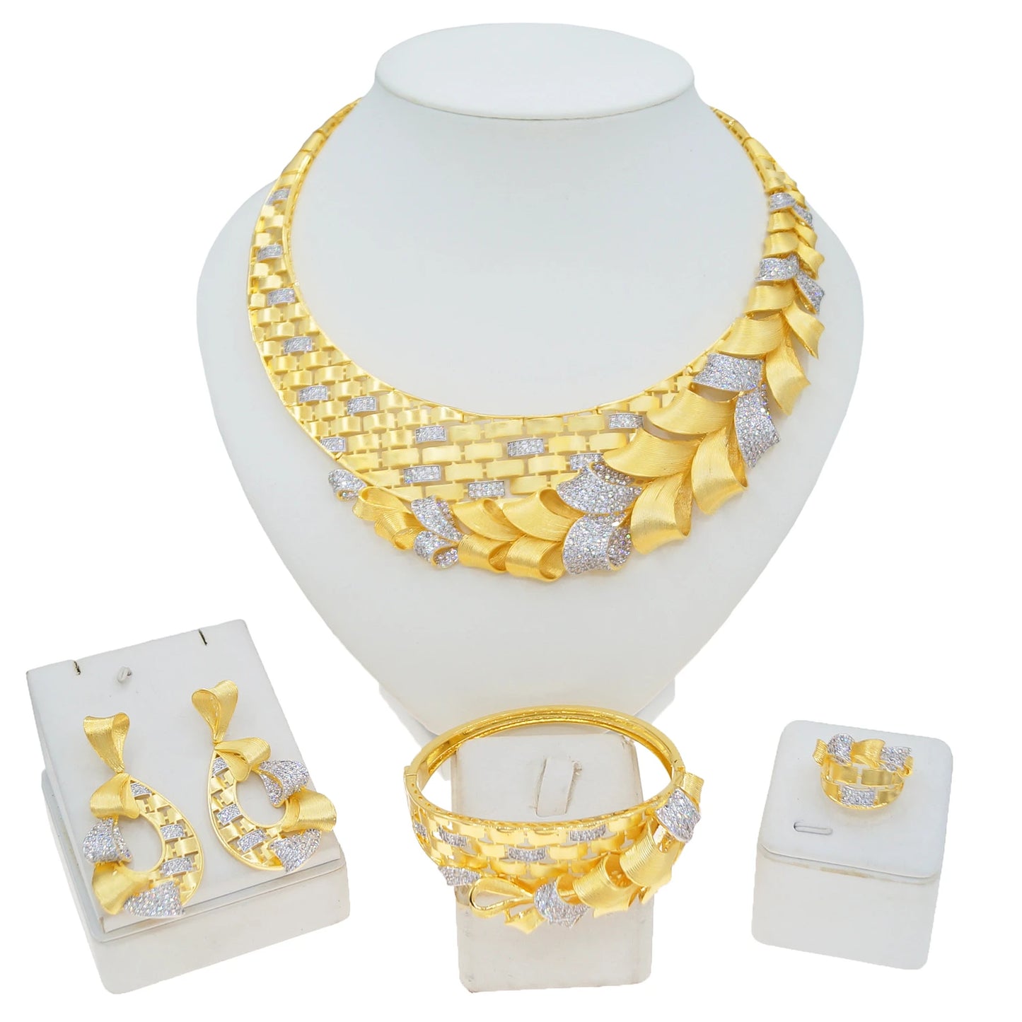 Zhuerrui New Designer Jewelry Set Exquisite Woven Metal Chain Nigerian Noble Lady Mother's Day Necklace Bracelet Ring Earrings