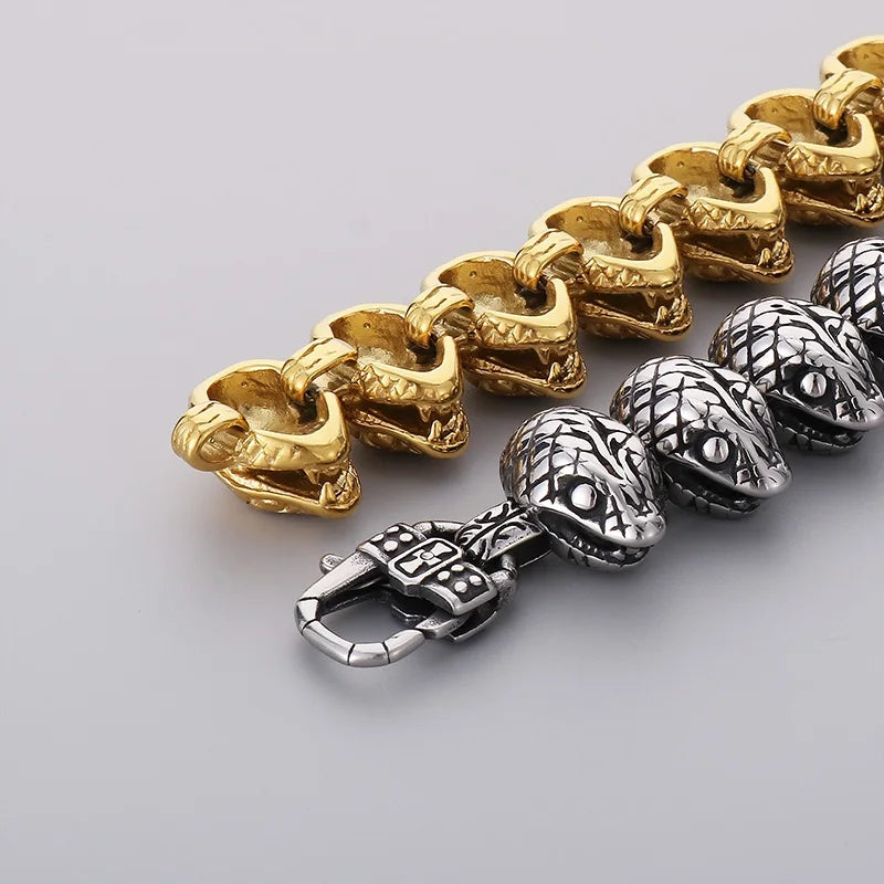 KALEN 220mm Men Punk Gold/Silver Color Stainless Steel Snake Head Links Bracelet