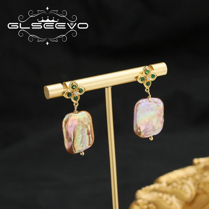 Emerald Flower Silver 925 Jewelry for Woman Geometric Purple Baroque Pearl Earring Korean Style Lady Birthday Eardrop