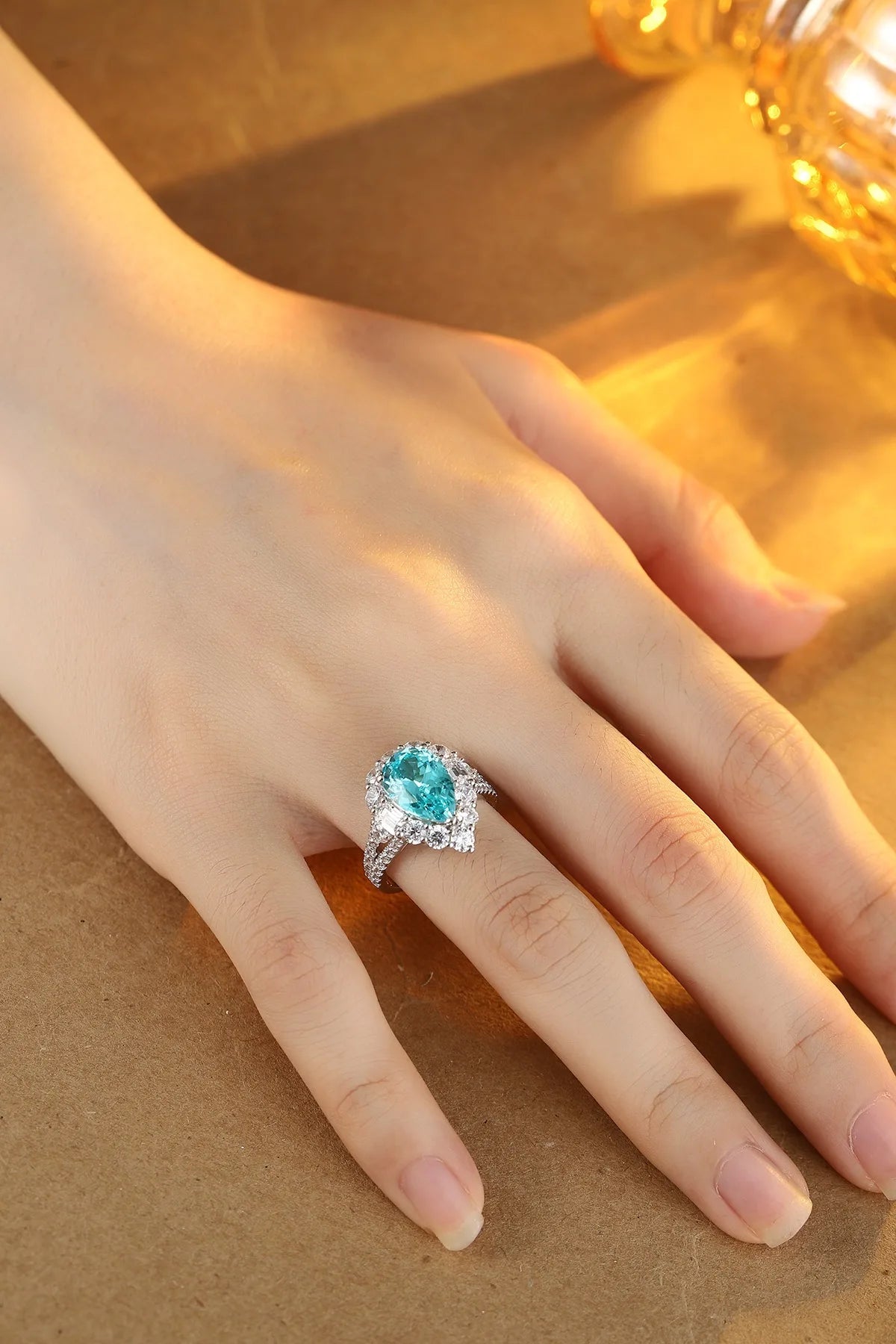 Gemfiori Vintage Lab Grown Paraiba Engagement Ring Sterling Silver 925 Rhodium Plated Pear Cut Wedding for Her Men's Anniversary Party