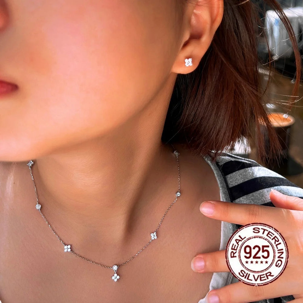 Sparkly White Flowers Shaped Cubic Zirconia S925 Sterling Silver Jewelry Set for Women Datings Wear Birthday Valentine's Gifts