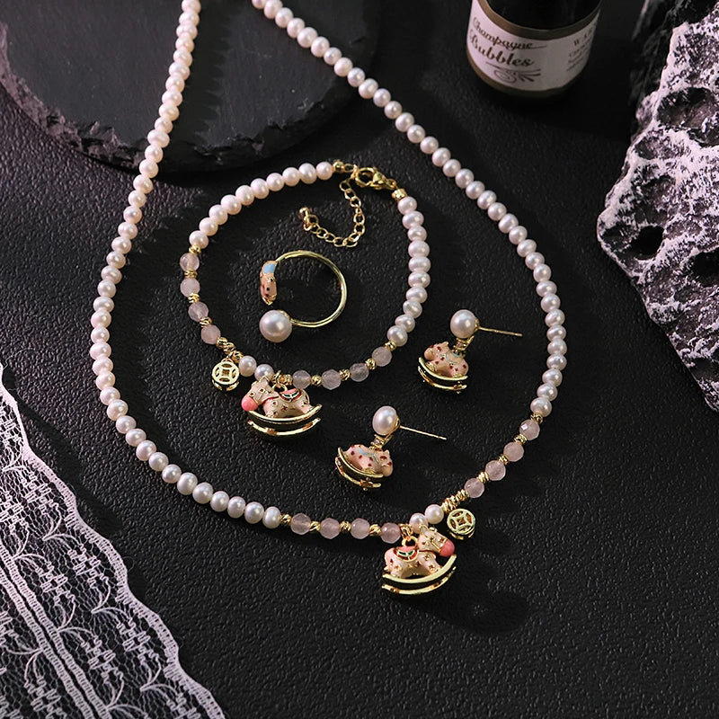 Natural Freshwater Pearl Pink Rocking Horse Jewelry Set for Women Birthday Gift Necklace Bracelet Earrings Ring Dainty Jewelry