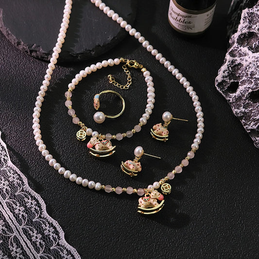 Natural Freshwater Pearl Pink Rocking Horse Jewelry Set for Women Birthday Gift Necklace Bracelet Earrings Ring Dainty Jewelry