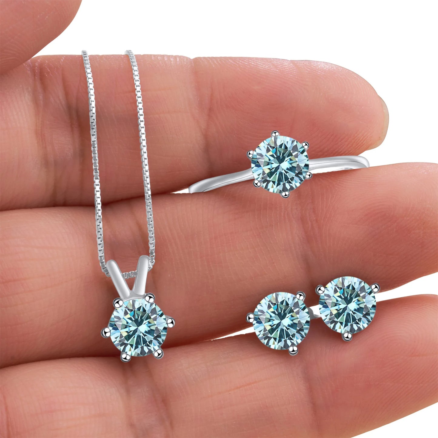 Simple D Color VVS1 GRA 1CT Round Cut Colored Moissanite Jewelry 925 Silver Wedding Ladies Necklace Earrings Ring 3 Piece Sets