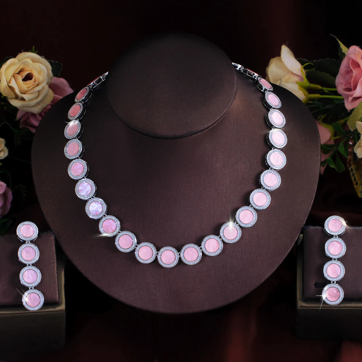S&S Pink Round CZ Vintage Statement Necklace & Earrings Set – Silver Plated – Collection