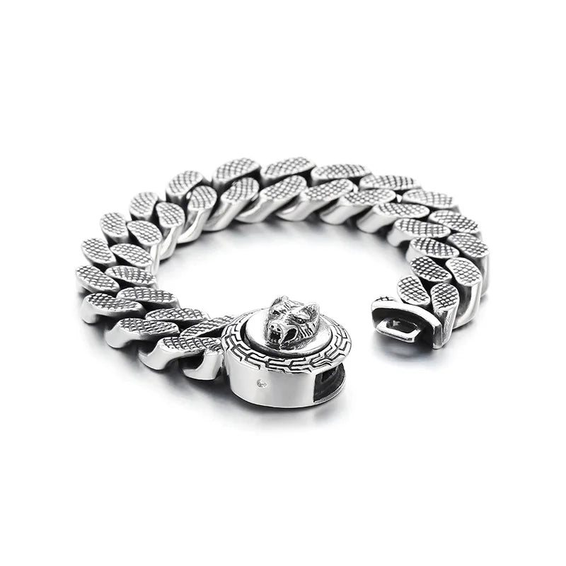 KALEN 220mm Men Punk Stainless Steel Cuban Link Bracelet With Wolf Pattern Round Clasp