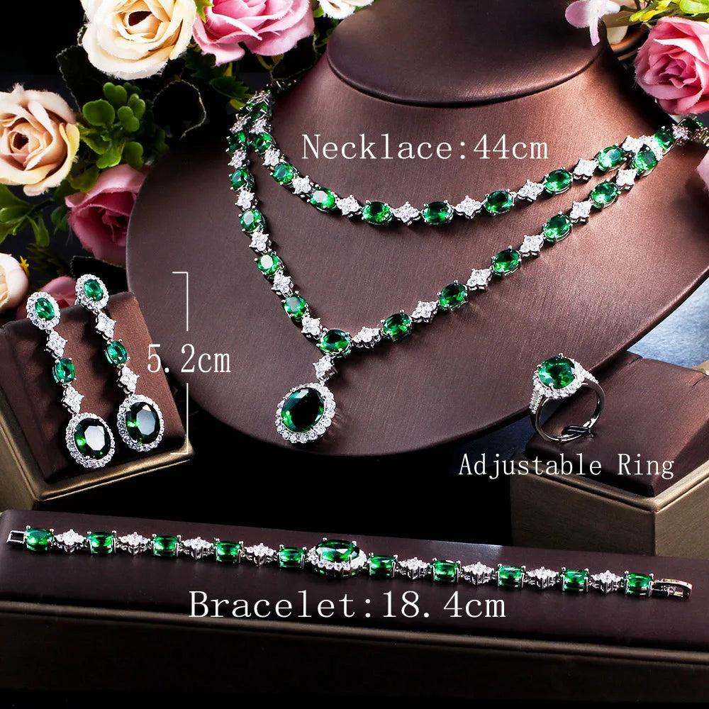 4pcs Luxury African Green Cubic Zirconia Stone Multi Layered Big Necklace Earrings Party Costume Jewelry Set for Wedding Brides