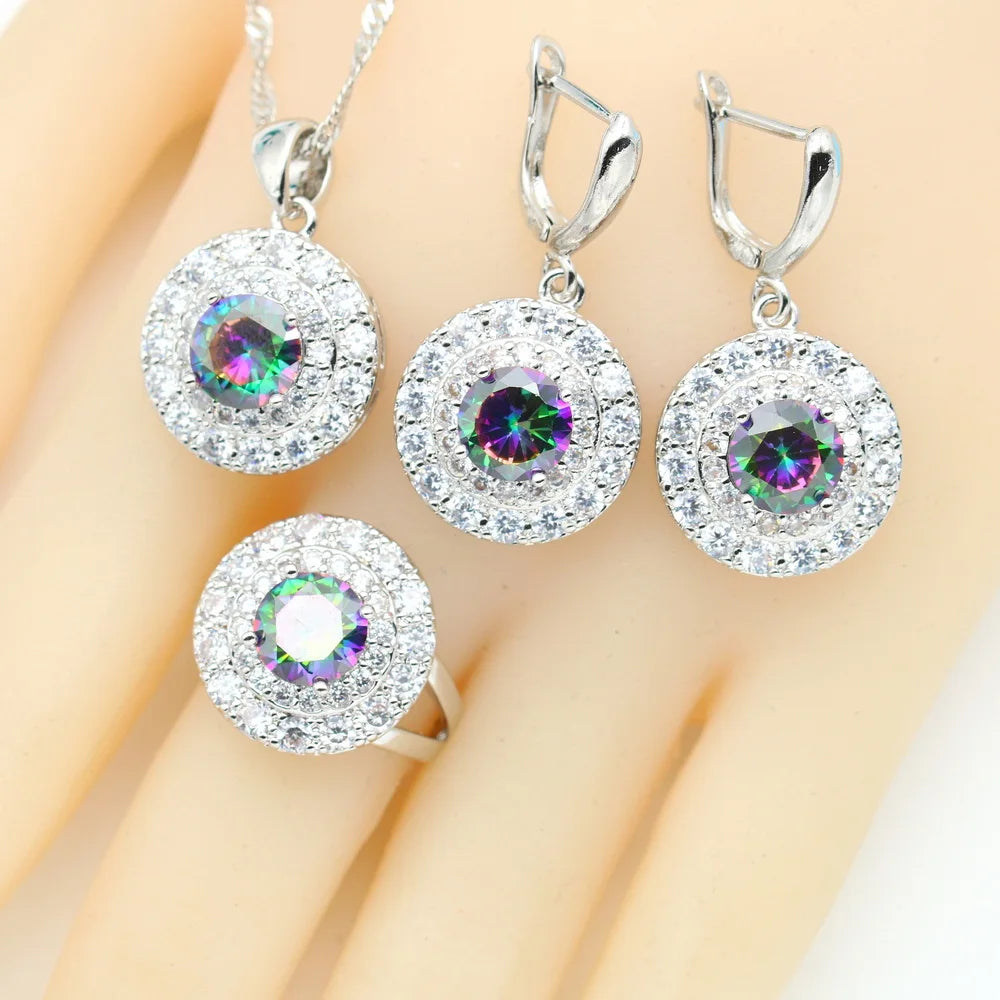 XOTICA Women's round Rainbow Zirconia Jewelry Set Includes Bracelet Earrings Ring Pendant Necklace for Weddings and Parties