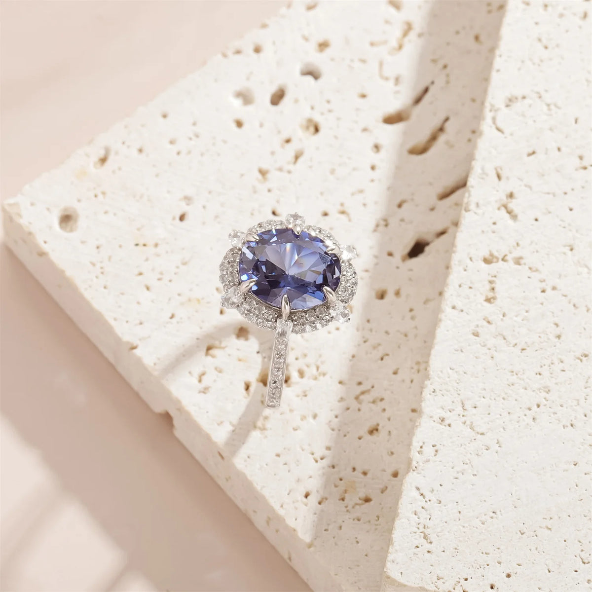 Gemfiori Luxury Halo Design Big Stone 8x10 Oval Cut Lab Grown Sapphire 925 Silver Rhodium Plated Women Ring with Half Pave Shank