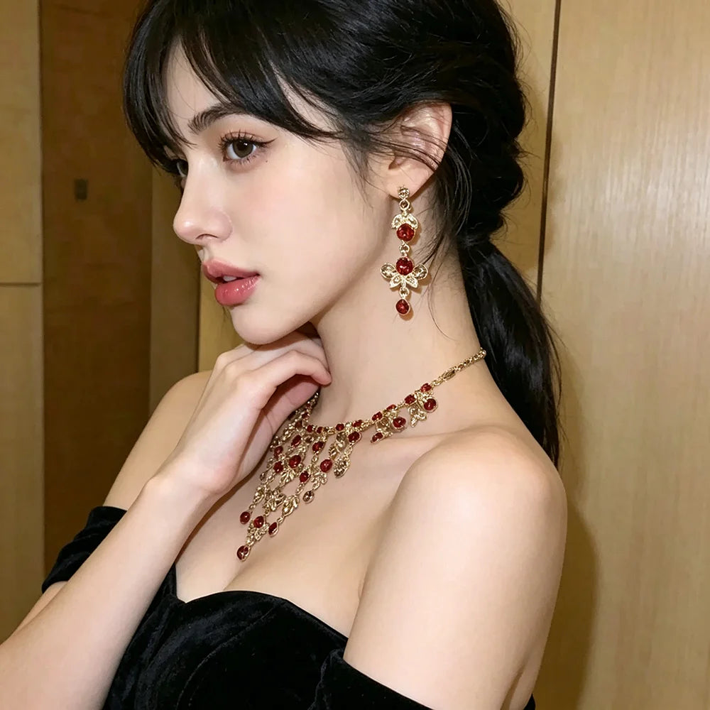 XM S389 Gold Plated Coffee Brown Topaz Tassel Water Drop Pendant Necklace & Drop Earrings Set