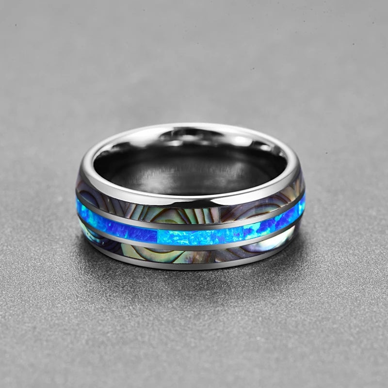 REBEL Tungsten Steel Ring with Abalone Shell Opal Inlay | Natural Opal Wedding Band