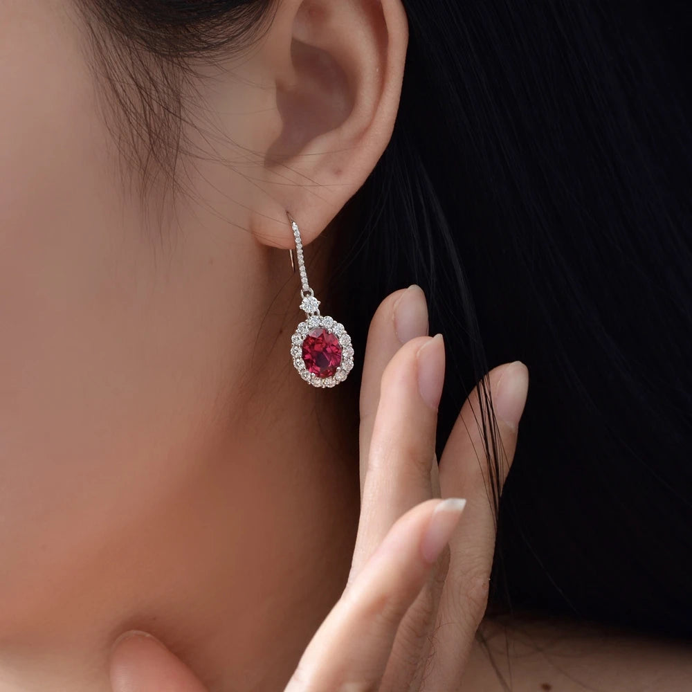 MUSHAN Jewelry Factory New 2ct Egg Shaped 7*9 Earrings European and American Light Luxury 925 Silver Lab Grown Red Sapphire