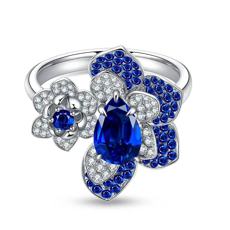 Gemfiori Female Luxurious Flower Ring Resizeable Blue Sapphire Diamond 14k 18k Rings in Solid Gold