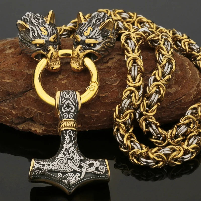 Wholesale Men's Stainless Steel Punk Pendant Necklace Gold Plated Thor Hammer Mjolnir for Mens Jewelry