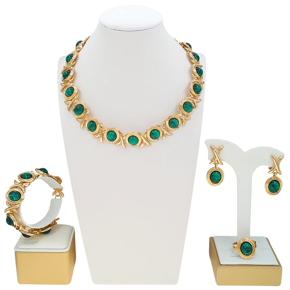Zhuerrui Classic and Fashionable XO Women's Jewelry Set, High-end Emerald, Elegant and Romantic African Couple JewelryX0305