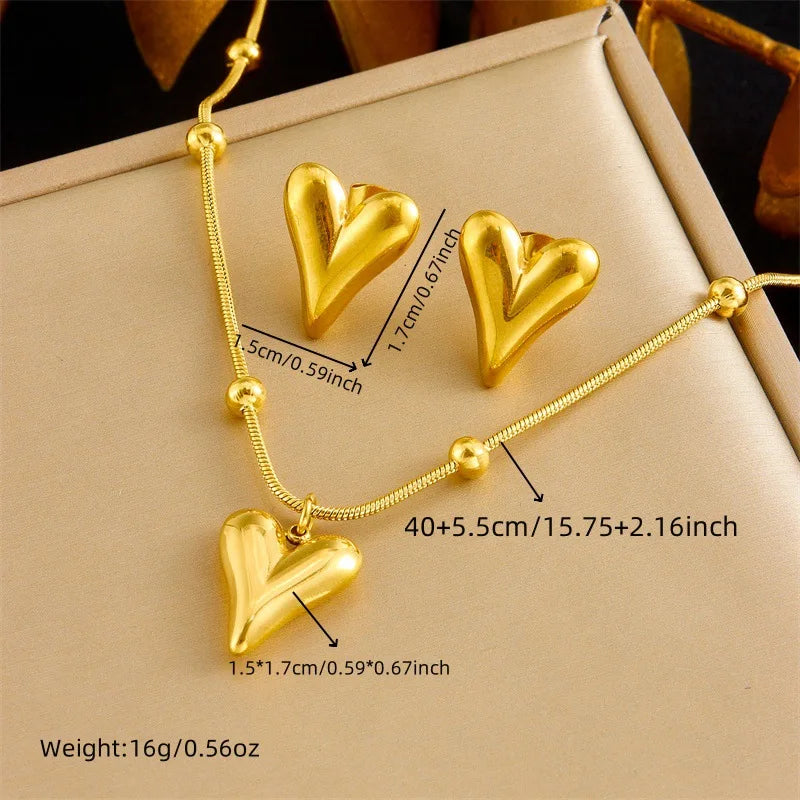Gold Heart Necklace, Earrings & Bracelet Jewellery Set | Classic Everyday Fashion Set