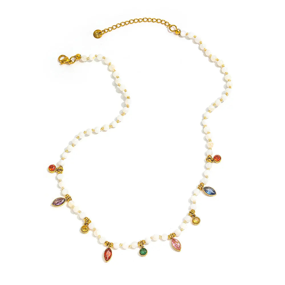 Joolim PVD Plated Wholesale Waterproof Vintage Rainbow Zirconia Pendant Pave  Beaded Chain Necklace Stainless Steel Jewelry