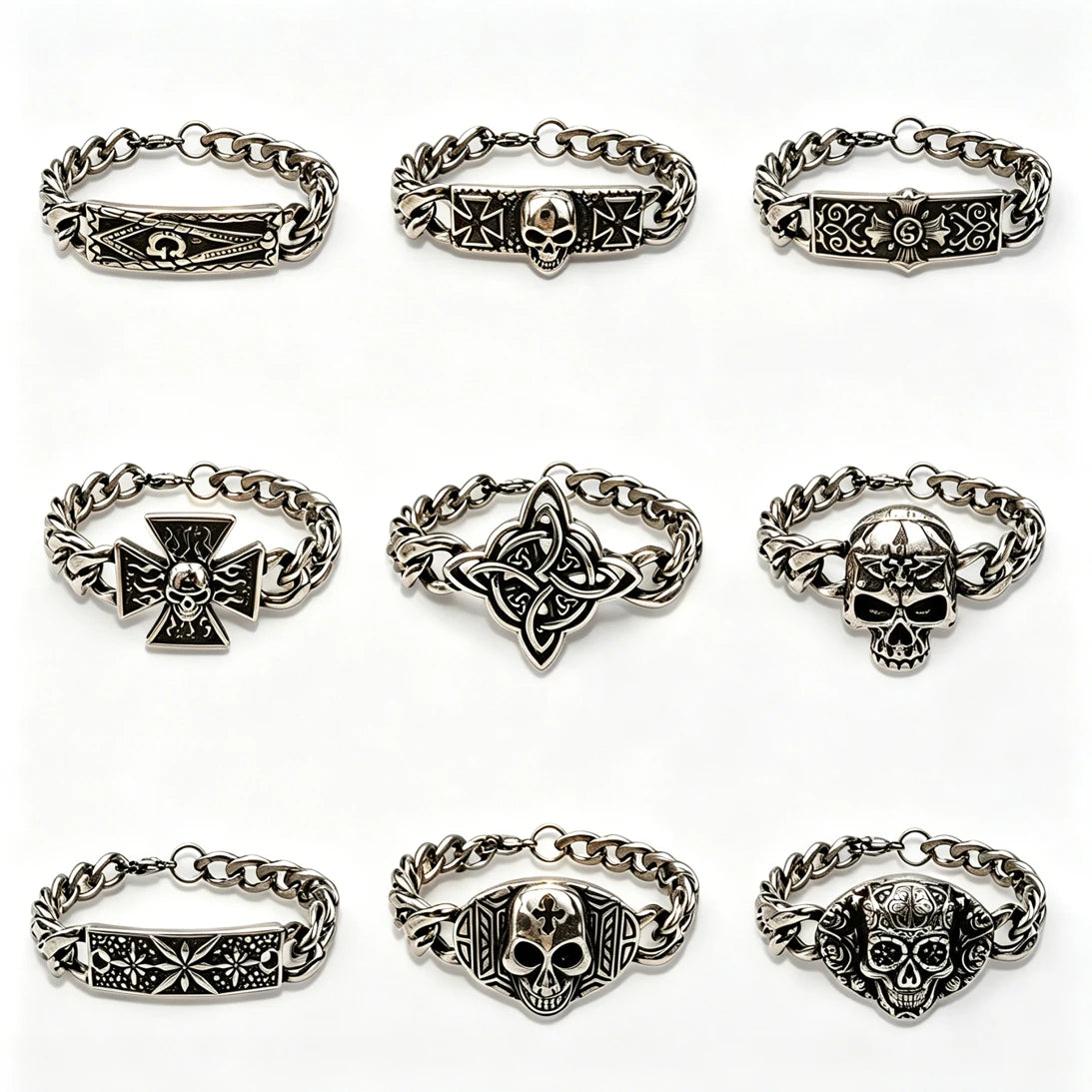 Vintage Men's Stainless Steel Bracelet Gothic Skull Celtic Knot Cross Cuban Chain Woven Braid Street Style Jewelry Gift