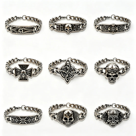 Vintage Men's Stainless Steel Bracelet Gothic Skull Celtic Knot Cross Cuban Chain Woven Braid Street Style Jewelry Gift