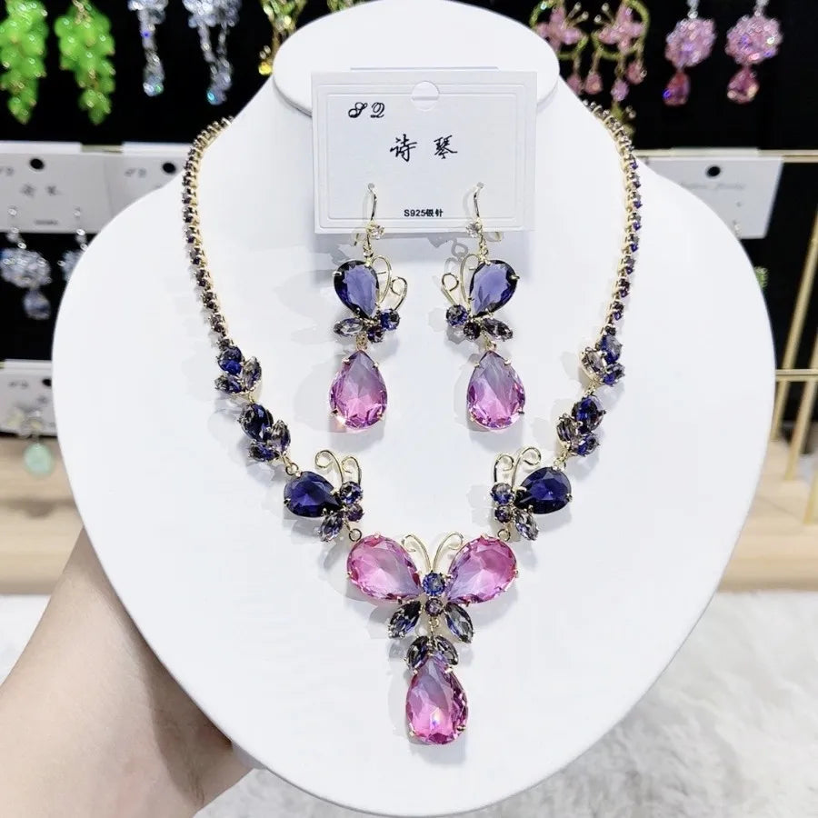 K074 Top Quality Women Trendy Luxury Butterfly Pink Purple Zircon Bridal Necklace Earrings Set Wedding Elegant Jewelry Set