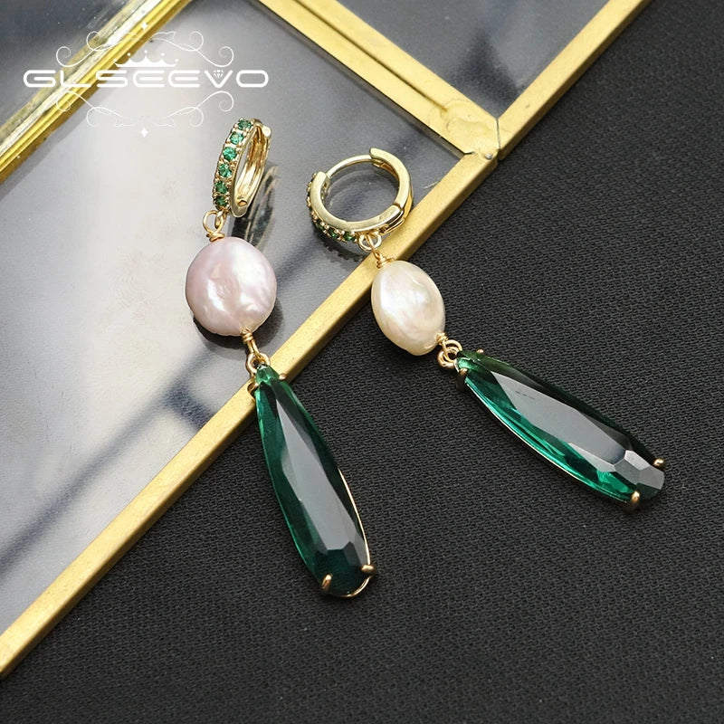 Natural Baroque Pearl Emerald Drop Water Crystal Piercing Earrings for Women Wedding Party  Luxurious Elegant Handmade Jewelry