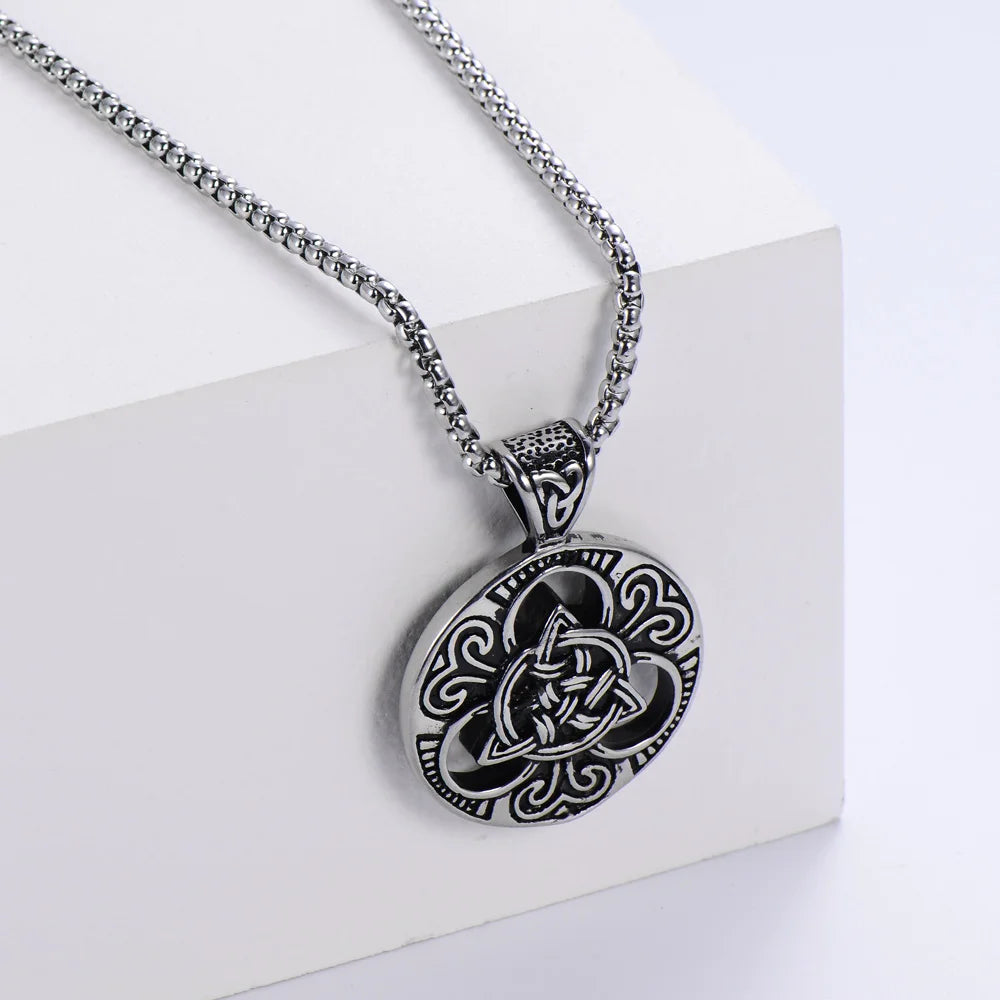 REBEL VIKING Celtic Knot Totem Round Pendant Necklace – Retro Silver 24"