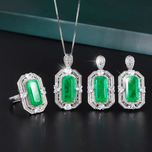 High Quality Eco-friendly Copper 8*16MM Emerald Green Cubic Zirconia 3 Piece Wedding Bridal Ring Necklace Set for Party