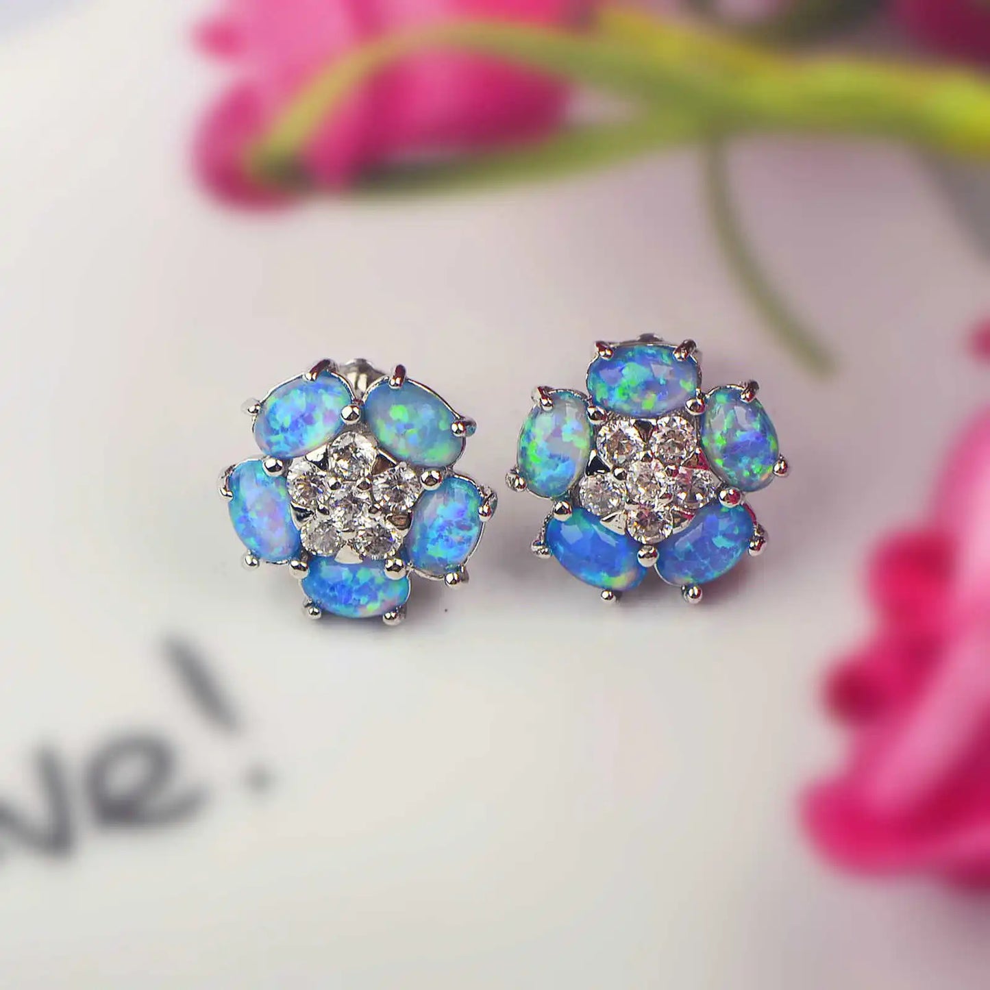 TikTok  Bestselling Five-Flower Blue Opal Studs  Cute Floral Earrings for Girls Trendy Gem Jewelry Wholesale