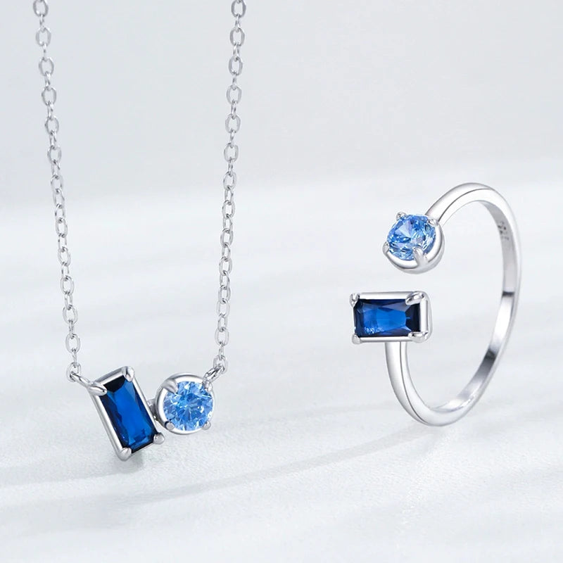 S&S Geometric Blue Zircon 925 Silver Jewellery Set | Rhodium Plated Necklace, Earrings & Ring | S&S Collection