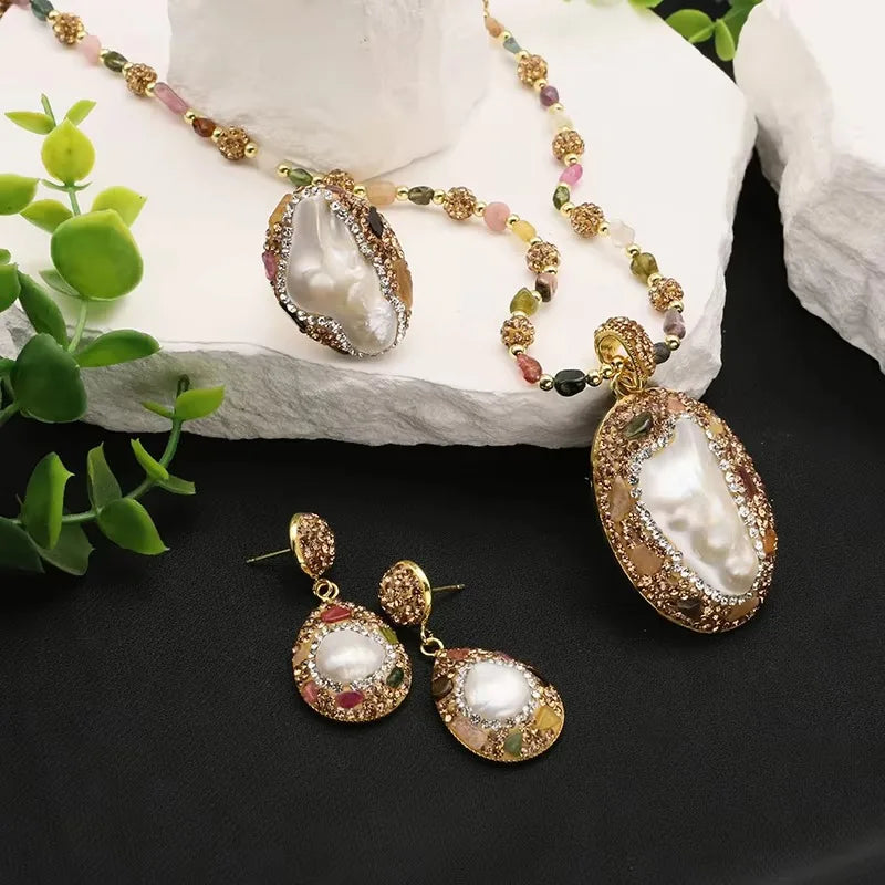 GLSEEVO Natural Baroque Shaped Pearl Women Jewelry Necklace Bracelet Earring Ring Luxury  Women'S Sets for Women Set Gifts