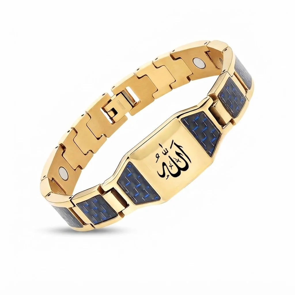 REBEL Black Stainless Steel Magnetic Therapy Link Bracelet with Carbon Fiber Inlay and Masonic Square & Compass Engraved Plate for Men