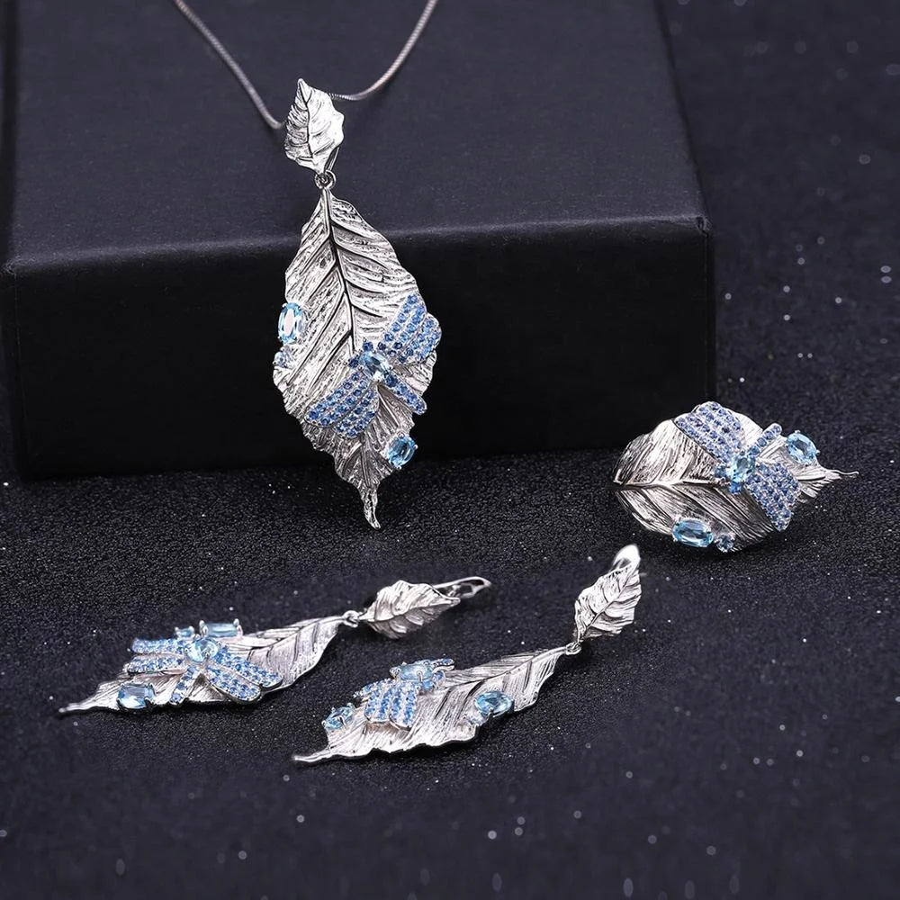 ArtistA Abiding Custom Designer Style 925 Silver Leaf Shaped Swiss Blue Topaz Dragonfly Necklace Earring Ring Jewelry Set for Women