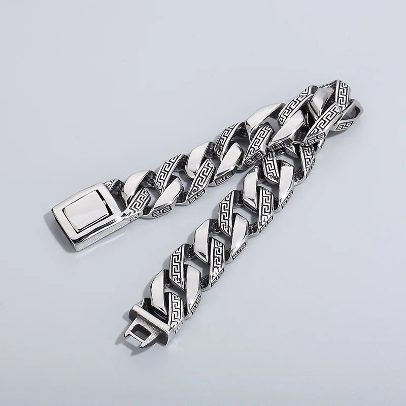 KALEN 22cm High Polished Engrave Symbol Retro Stainless Steel Mens Cuban Chain Link Bracelet