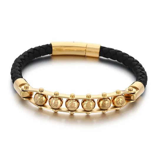 REBEL Trendy Mens Fashion Bracelets Bangles Stainless Steel Beads Leather Bracelet Bangle