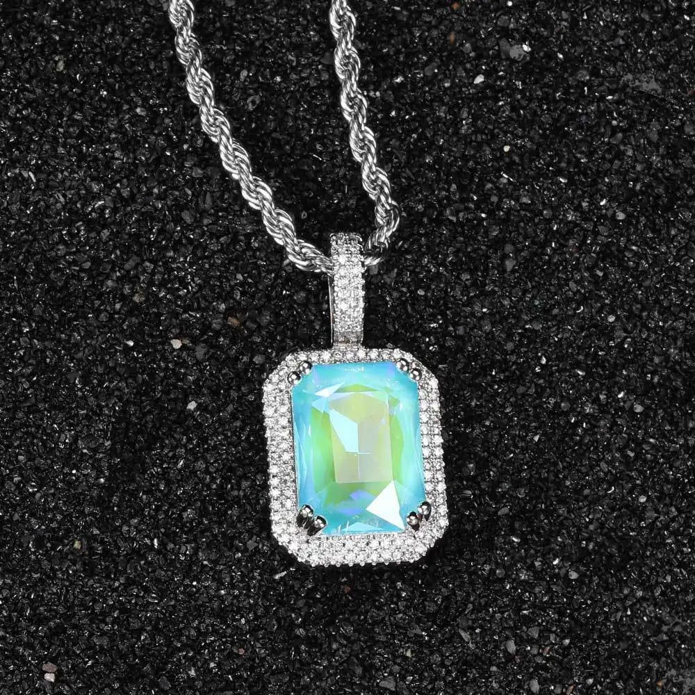 Luxury Bling Cubic Zirconia Jewelry Square Large Gemstone Pendant Necklace  for Men and Women Hip-Hop Sweater Chain Necklace