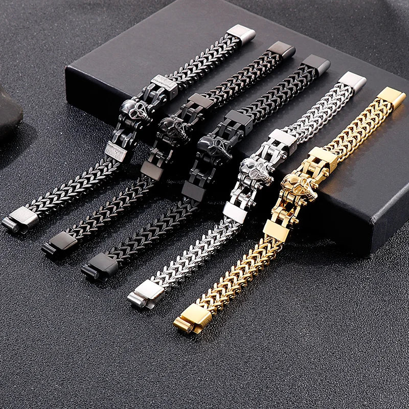 KALEN Punk Fine Jewelry Fashion Bracelets Men Stainless Steel Skull Berringbone Links Bracelet Bangle