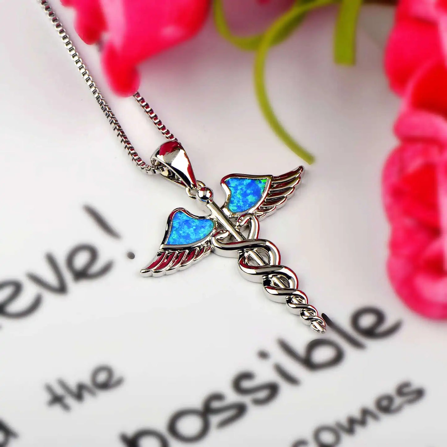 Trendy Winged Caduceus Necklace Aobao Inlaid Pendant Fashion Jewelry